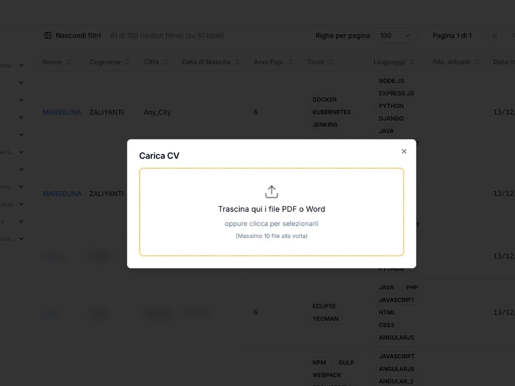 The Upload CV window: a drop area for PDF or Word files, up to 10 at a time