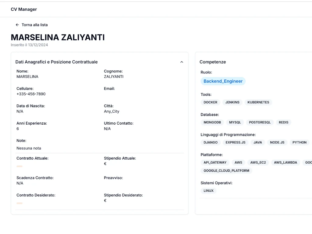 A sample candidate profile: personal details, contract position and skills grouped by category